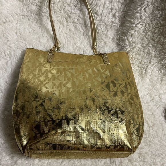 MICHAEL KORS LEATHER MEDIUM TOTE BAG GOLD COLOR MONOGRAM - Picture 9 of 15